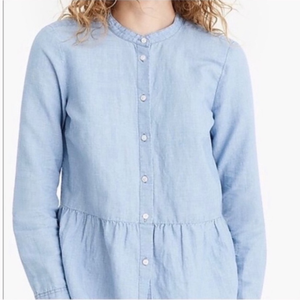 J. Crew Chambray Linen Coastal Blue Peplum Button Down Top Blouse, 4